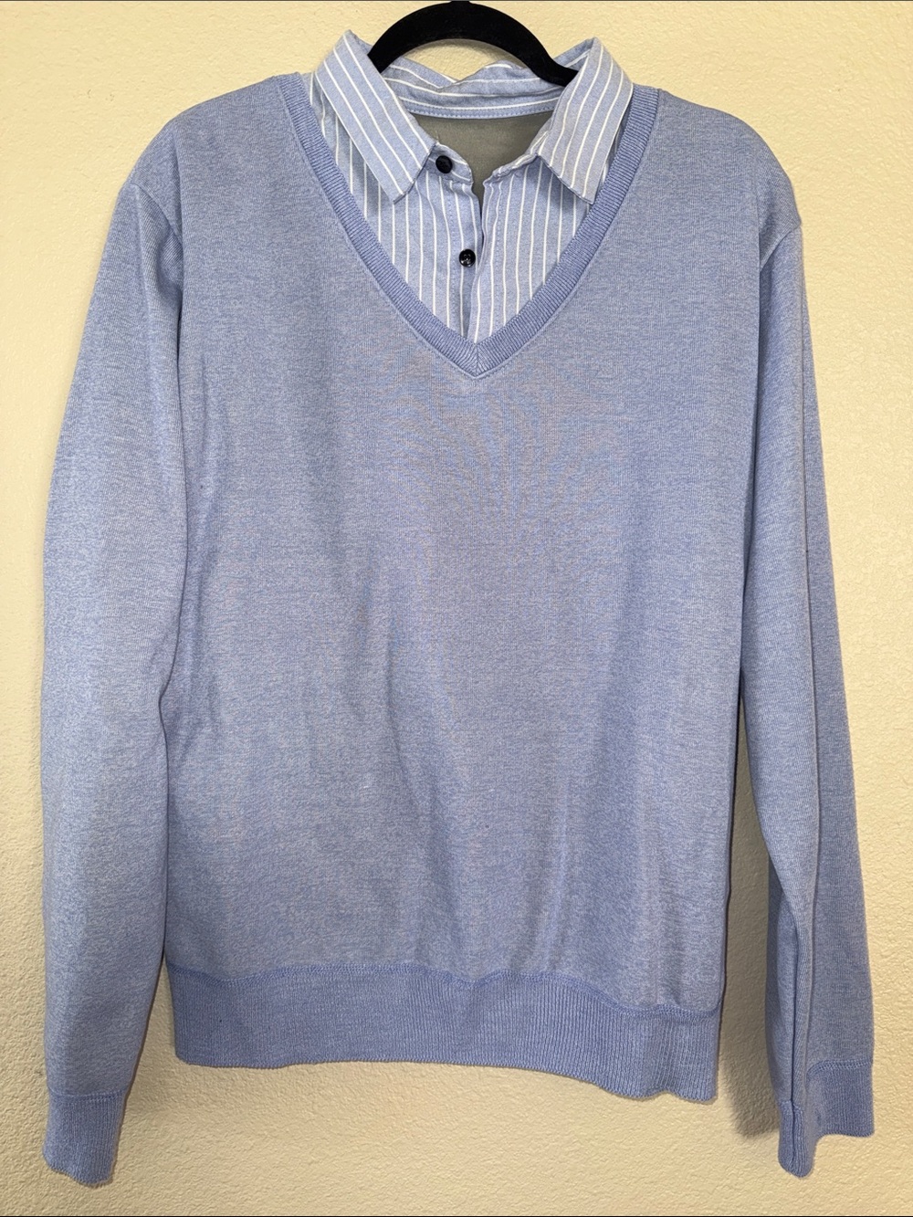 Manfinity Men's Light Blue V-Neck Sweater with Faux Shirt Collar Size L